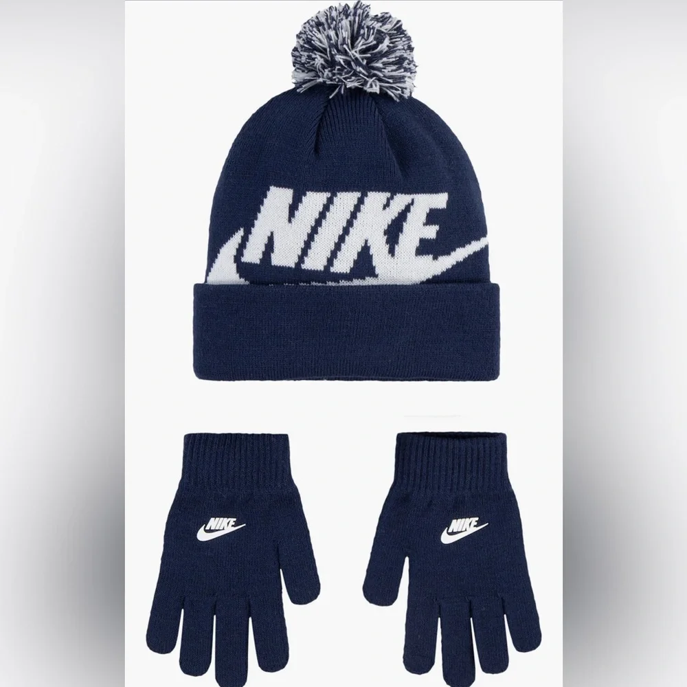 Nike Boys Swoosh Pompom beanie and gloves set in navy blue and white